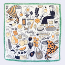 Square handkerchief with illustrations of a girl and fruits, sea themed items and lifestyle items. 
