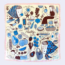 Square handkerchief with illustrations of a girl and fruits, sea themed items and lifestyle items. 