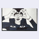 Marker illustration of a woman making a heart shape with her hands and looking through it.