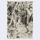 Black ink illustration on cream colored paper of a dense forest setting, with a grassy floor and thin branched trees.