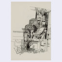 Black ink illustration on cream colored paper of a porch, with overgrown foliage and some patio chairs.