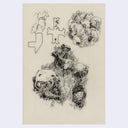 Black ink illustration on cream colored paper of a dead rat in a grassy field, along side a separate drawing of a sphere made up of rats crawling atop of one another.