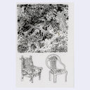 Black ink illustration on cream colored paper of a close up of a forest thicket, with a lot of dense foliage and hatch lines for shading. Below, are 2 porch chairs.