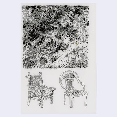 Black ink illustration on cream colored paper of a close up of a forest thicket, with a lot of dense foliage and hatch lines for shading. Below, are 2 porch chairs.
