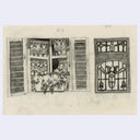 Graphite illustration on cream colored paper of a window sill, with fabric patterned curtains inside and a flower box hanging on the exterior. Next to it, is a separate drawing of a stained glass pattern window. 