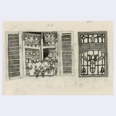 Graphite illustration on cream colored paper of a window sill, with fabric patterned curtains inside and a flower box hanging on the exterior. Next to it, is a separate drawing of a stained glass pattern window. 