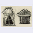 Graphite illustration on cream colored paper of 2 window sills, one with fabric curtains inside and wood paneling atop the widow. Next to it, is the second illustration of a window with many panels.