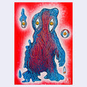 Painting of a blue Hedorah monster on red background.