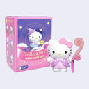 Hello Kitty blind box figure set featuring a white Hello Kitty character in a pink and purple dress holding a pink wand, standing next to its pink and purple retail box on a light gray background.
