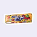 Die cut sticker styled after Hi-Chew candy packaging. Instead, "Hello Chew" is written across the front with many illustrations of fruit. 