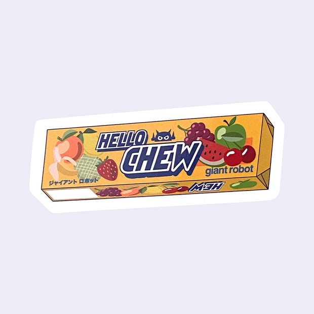 Die cut sticker styled after Hi-Chew candy packaging. Instead, "Hello Chew" is written across the front with many illustrations of fruit. 