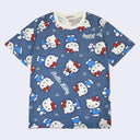Navy blue t-shirt with a repeating pattern of Hello Kitty, standing and sitting in various poses and her standard outfit. Filler for the pattern include small white hearts and "Hello Kitty" written in cursive.
