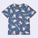 Navy blue t-shirt with a repeating pattern of Hello Kitty, standing and sitting in various poses and her standard outfit. Filler for the pattern include small white hearts and "Hello Kitty" written in cursive.
