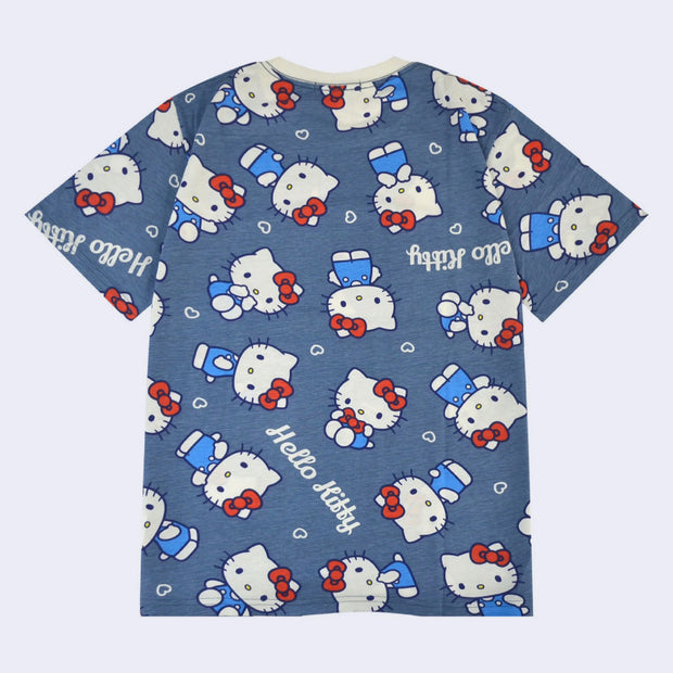 Navy blue t-shirt with a repeating pattern of Hello Kitty, standing and sitting in various poses and her standard outfit. Filler for the pattern include small white hearts and "Hello Kitty" written in cursive.