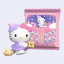 Blind bag figure of Hello Kitty dressed as a purple witch, riding a broom.