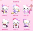 Six Hello Kitty figures in different poses on a pink background with Korean text.