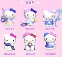 Set of Hello Kitty figurines with purple and blue accessories on a pink background