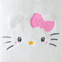 Fluffy white faux fur tote bag with Hello Kitty's face on the front, she has 3D fluffy ears, a pink box and kawaii eyes. Close up.