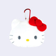 Hello Kitty plush pouch shaped like her head with red bow and a red carabiner attachment.