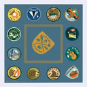 Mock up showing a square blue fabric bandana with graphics made to look like Boy Scout patches of outdoor activities, going around the bandana with a graphic in the middle that reads "enjoy camping"