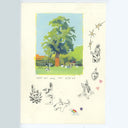 A cream-colored paper featuring a central painted scene of a park tree with people playing, surrounded by whimsical hand-drawn doodles including birds, stars, hearts, and a small rainbow on a light gray background.