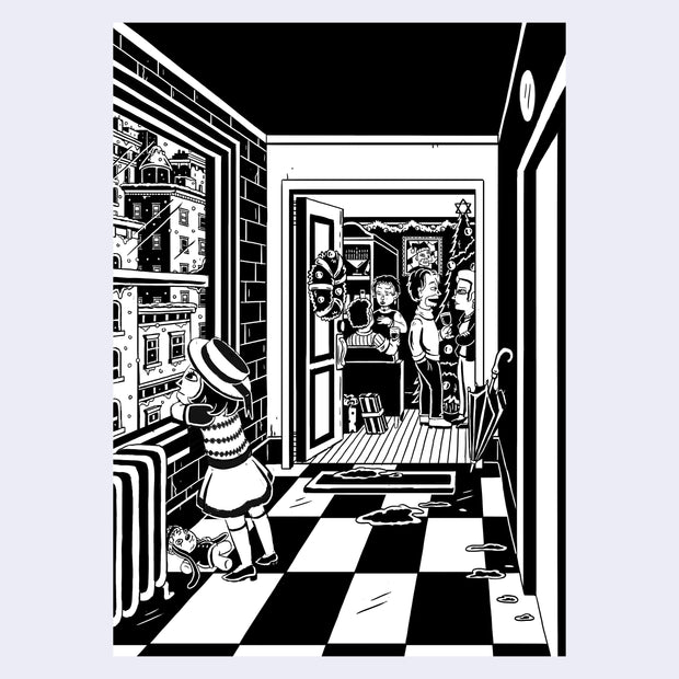 Black and white illustration of a holiday card, with a girl looking out a window with a party going on in the background.