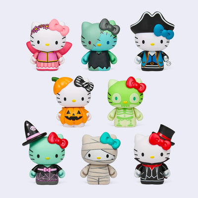 8 differently designed Hello Kitty figures, all themed for Halloween. Options are: Fairy, Frankenstein, Pirate, Pumpkin, Skeleton, Witch, Mummy or Dracula.