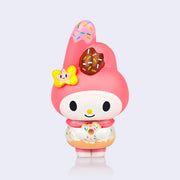 Vinyl figure of Sanrio's My Melody, with her ears looking as if they've been dipped in frosting and sprinkles. Her body is outfitted like a frosted donut and she holds one in her hands as well.