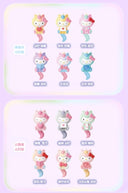 A product display sheet showing multiple Hello Kitty unicorn-themed figurines arranged in two rows on a pastel pink background with Korean text labels.
