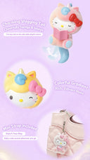 A promotional collage showing a Hello Kitty-inspired unicorn keychain or bag charm in multiple pastel colorways, with text callouts describing features like a wagging tail, colorful gradient, and mini strap included. The background is a soft lavender/purple gradient.