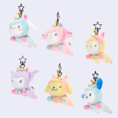 6 different Sanrio characters as small plush key charms dressed as unicorns in pastel colors. Options are: Cinnamoroll, My Melody, Hello Kitty, Kuromi, Pompompurin, or Pocchaco. 