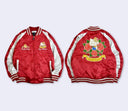 Back and front view of Hello Kitty satin bomber jackets, with Hello Kitty themed embroidering - on the back a large depiction of Hello Kitty sitting with roses, on the front 2 lapel patches of skulls with roses and Hello Kitty.