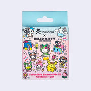 Front view of enamel pin blind box of Hello Kitty characters dressed as tokidoki characters.