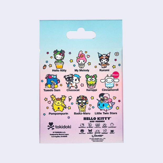 Back of enamel pin blind box of Sanrio characters dressed as tokidoki characters. Back shows all options. 