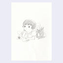 Graphite illustration of a young girl sitting at a table with a dog and a notepad in front of her.