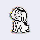 Holographic sticker of a child dressed as a kappa, kneeling onto the floor with a black outline on a white background