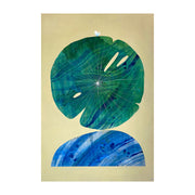 Collage style painting on solid taupe background of a large, flat green lily pad stacked atop of a blue rock. Lily pad and rock both have bold abstract marbling patterns and a small white butterfly rests atop the lily pad.