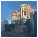 An impressionistic painting of Victorian-style houses on a city street under a clear blue sky, rendered in blue, peach, brown, and dark shadow tones.