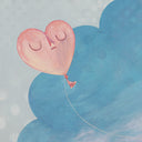 Painting on canvas of a sunset time with a silhouette of the tops of roofs and trees at the bottom. The scene is enclosed in a scalloped border with blue polkadots. 