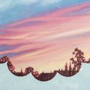 Painting on canvas of a sunset time with a silhouette of the tops of roofs and trees at the bottom. The scene is enclosed in a scalloped border with blue polkadots. 