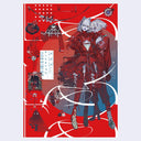 Red book cover with an illustration of 2 characters, dressed in red ornate, gothic fashion themed outfits. Various accessories are also on the cover.