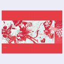 Illustrated book pages featuring red and white design of a character with several abstract elements.