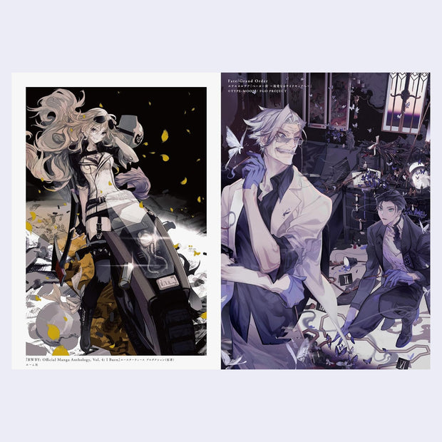 Two anime-style character illustrations on a light gray background