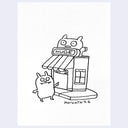 Ink illustration on paper of an Uglydoll character standing outside of a cartoon storefront.