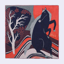 Decorative handkerchief with a horse and tree design on a red and gray background