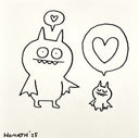 Black line drawing of two cartoon-like creatures with heart symbols on a white background.