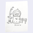 Black and white line drawing of a character with a tree and wooden fence on a light purple background