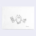 A white sheet of paper with a simple black line drawing in the center of a cute bat-like character flanked by two small houses, photographed against a pale gray background.
