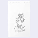 A white notebook page with a hand-drawn black ink illustration of a cartoon monster character holding a call phone, with a speech bubble showing a cat and the text 'IF WE ALL USE NTT iMODE AI DIES' 