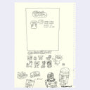 Doodle style illustrations on an off-white paper of small characters and various pool or water themed items.